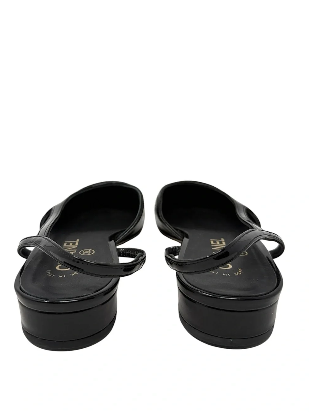 Chanel CC Black Patent Leather Cap Toe Slingback Flats Size 39C